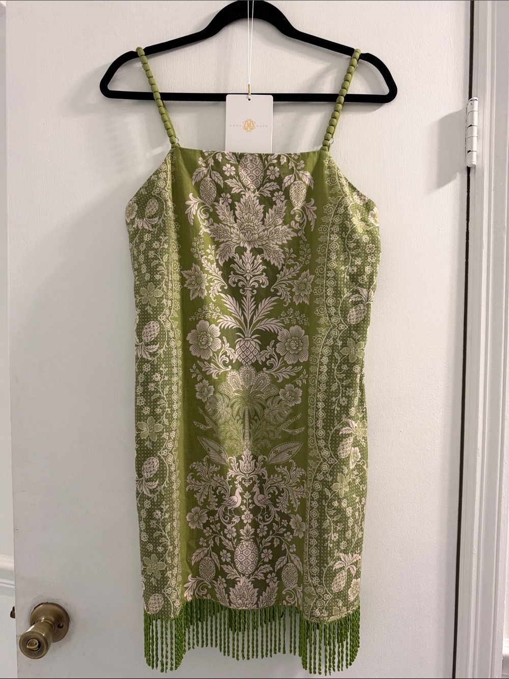 Olive Floral Jacquard Mini Dress with Beaded Fringe